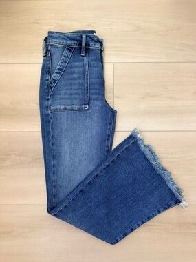 Altar'd State Blue Wide Leg Jeans with Raw Fringe Hem